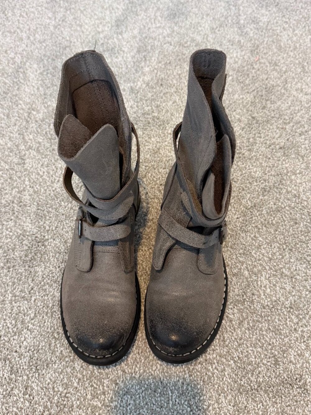 Diba True Leather Moto Ankle Boots Distressed Buckle Strap Size 6 Western Boho